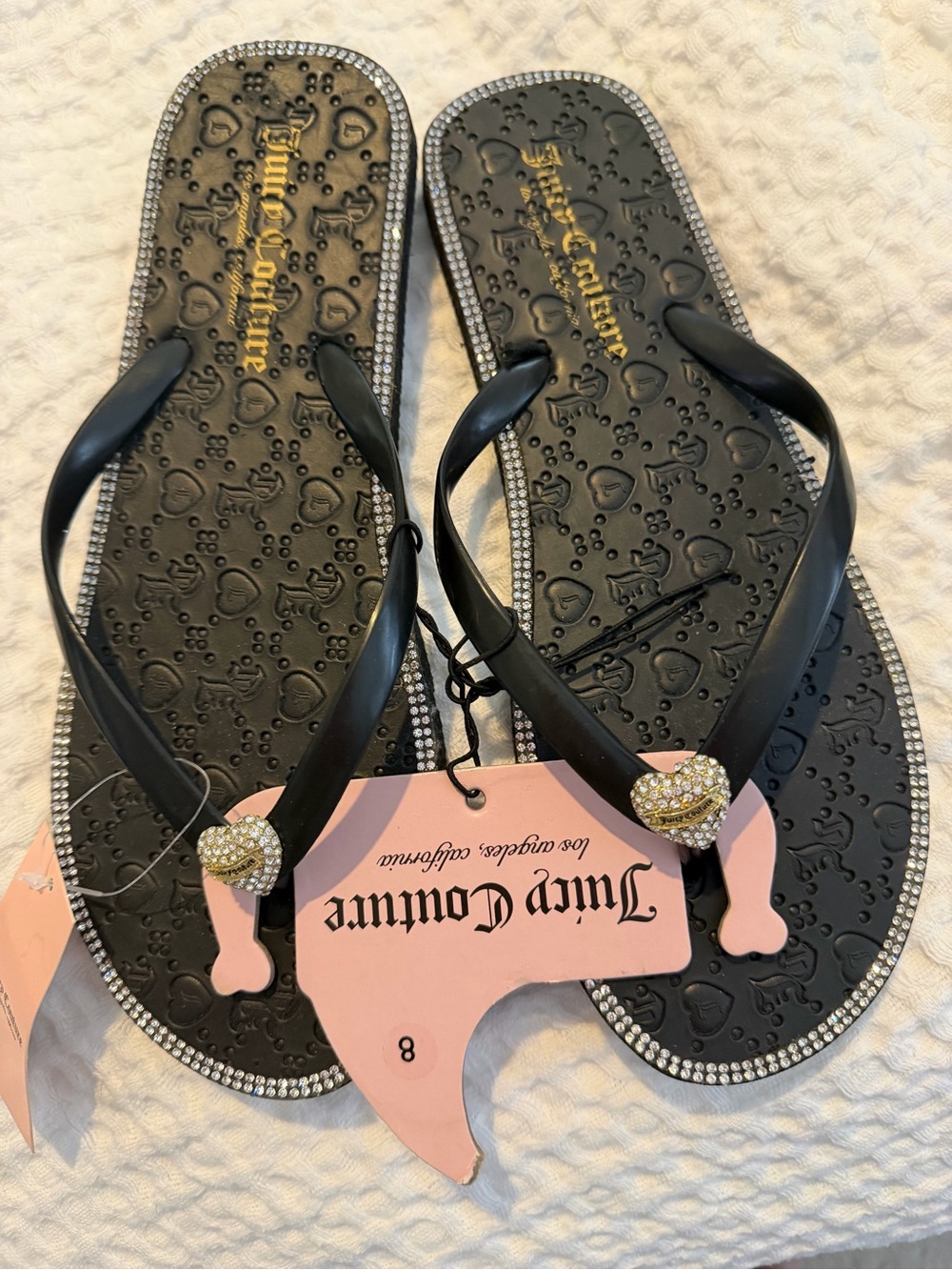 Juicy Couture Black Flip Flops with Rhinestone Heart Accent NWT size 8